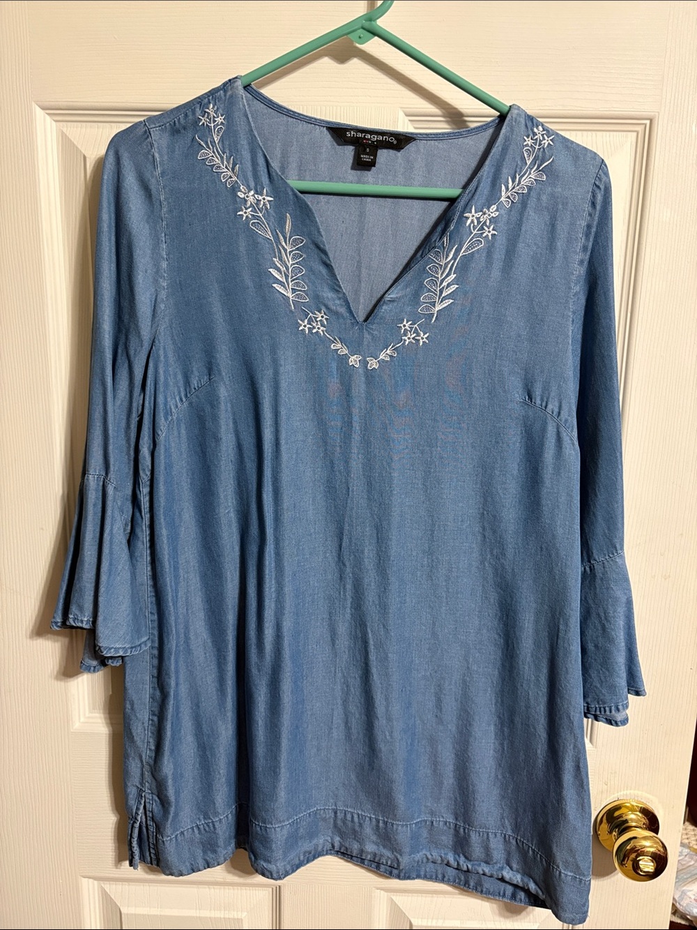Sharagano Light Blue V-Neck Embroidered Tunic Top, bell 3/4 sleeves